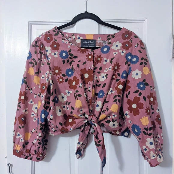 ModCloth x Princess Highway Purple Floral Tie-Front Blouse (16 AU / 12 US) - Picture 4 of 7